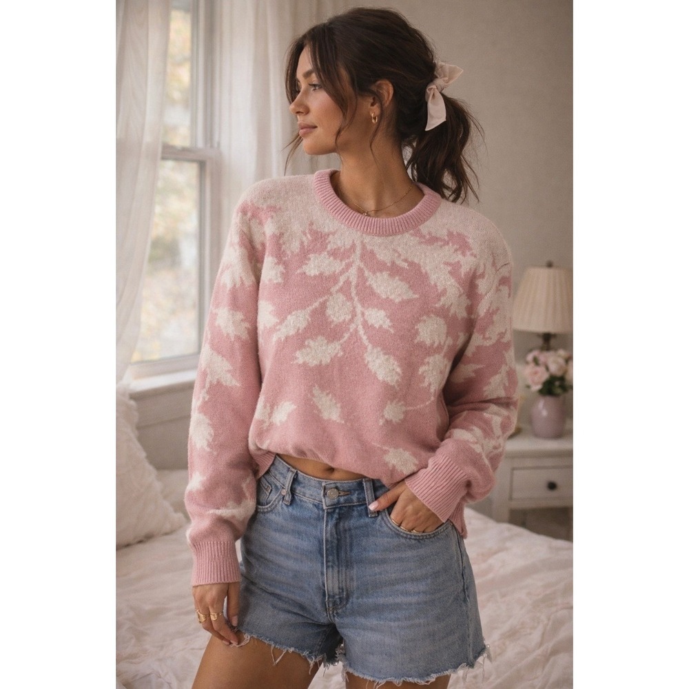 Vintage Coquette Pink Floral Sweater M Cottagecore Soft Girl Cozy Knit Feminine